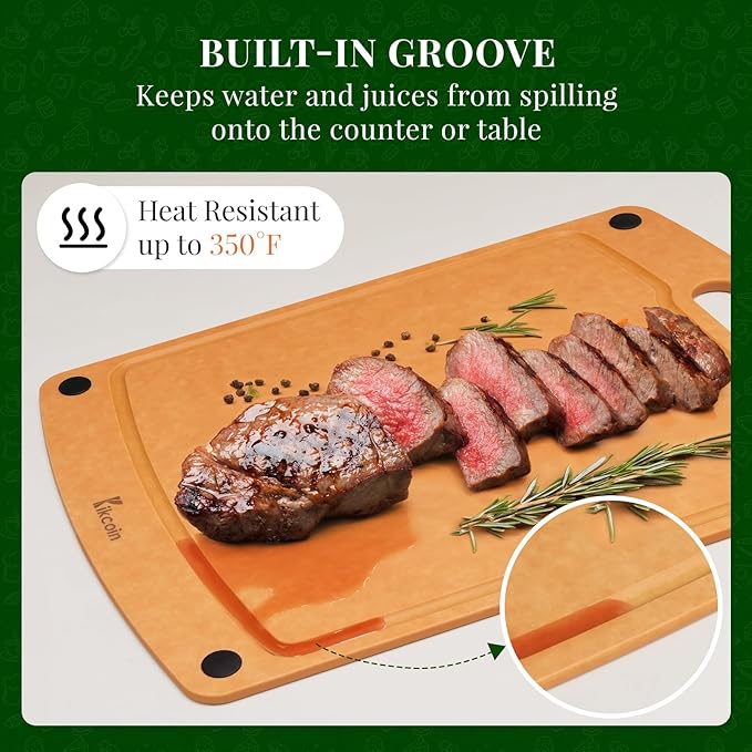Kikcoin Wood Cutting Board, Cutting Boards for Kitchen Dishwasher Safe Non-slip Chopping Board with Juice Groove, Wood Fiber Composite Cutting Board with Handle, 14.6"*10.8"