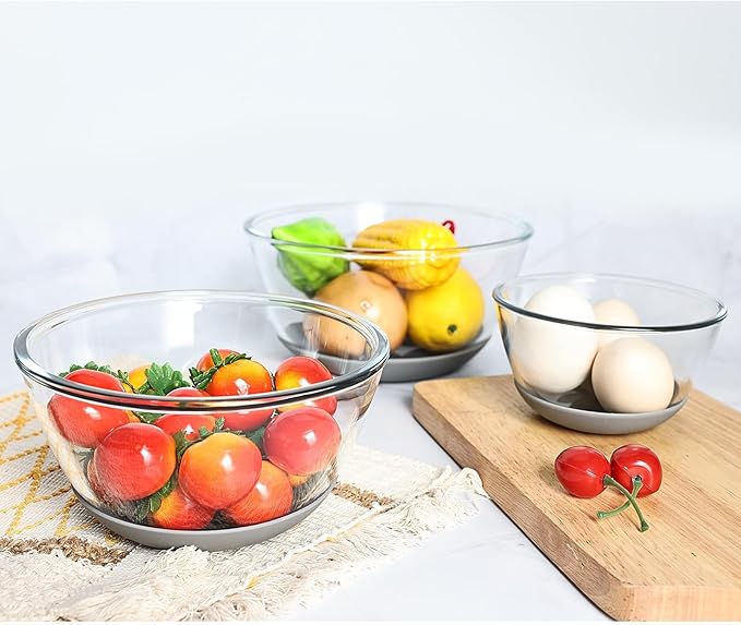 Mrs. Chou Glass Mixing Bowls HEAVY DUTY Top Choice for High-end Kitchens Extra-thick Glass Mixing Bowl Set of 3 with BPA-Free Airtight Lids Large Nesting Bowls with Non-Slip Silicone Base Well-made