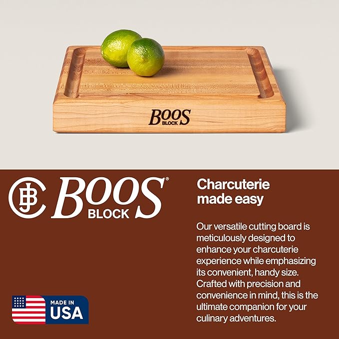 John Boos CB Series Square Wooden Maple Cutting Board 12”x12” – 1.75” Thick, 7-lb Reversible Butcher Block with Juice Groove, Edge-Grain & Finger Grips – Made in the USA
