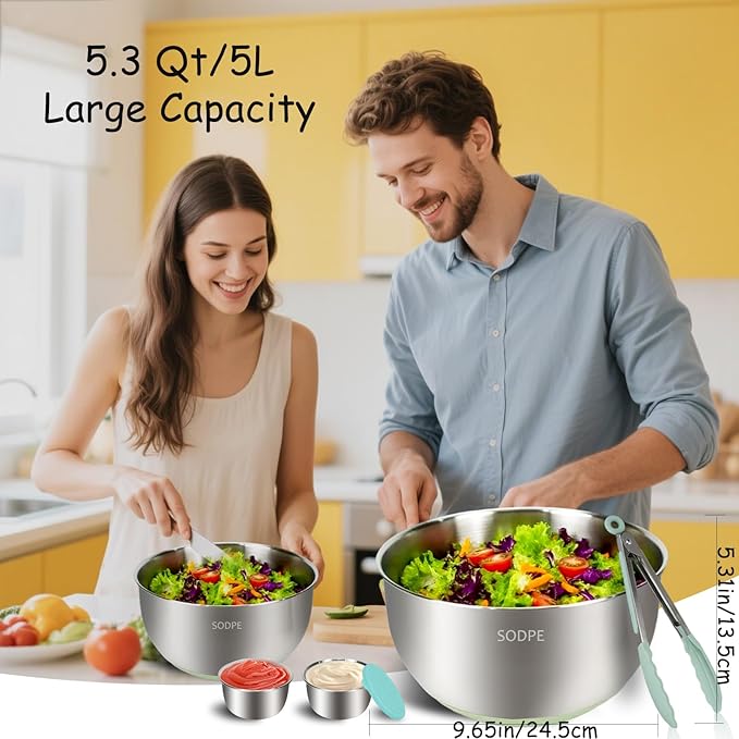 SODPE Stainless Steel Salad Spinner Large with 5 Blades Slicer, Lettuce Washer Spinner and Dryer, Vegetable Fruits Chopper Bowl, Egg Yolk Strainer Comes with Dipping Saucers and Clip, 5.3Qt