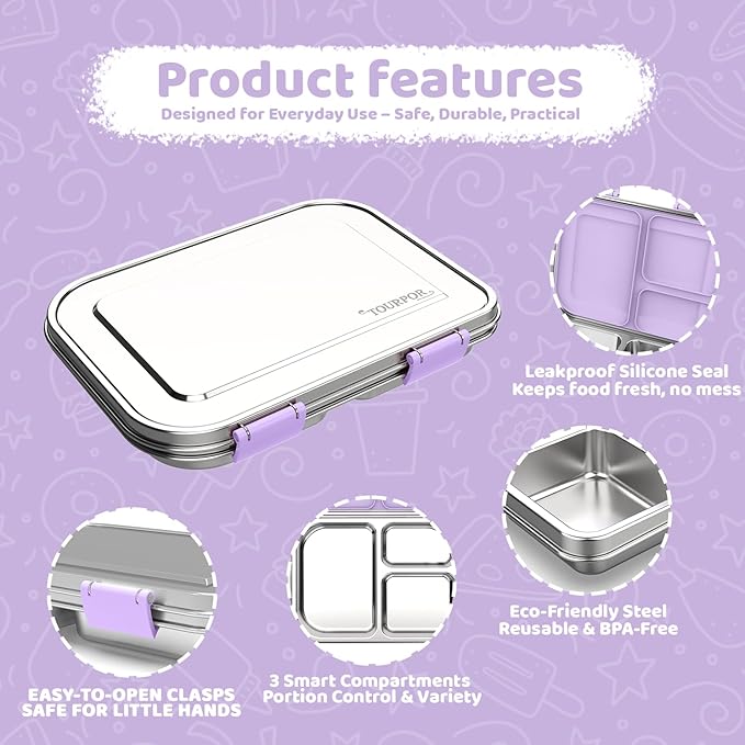 Stainless Steel Bento Box for Kids 1000ml - 3 Compartment Lunch Box for Adults, Leakproof Food Container, BPA-Free Metal Lunch Box with Silicone Seal, Eco-Friendly/Dishwasher Safe (Green)