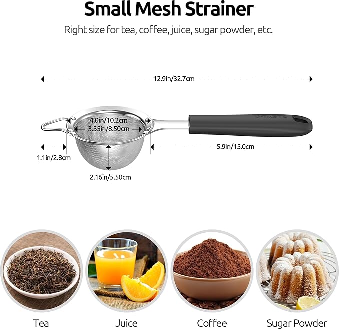 U-Taste Fine Mesh Food Strainer: 18/8 Stainless Steel 30 Mesh Kitchen Sieve with Sturdy Riveted Silicone Handle, Heavy Duty Deep Handheld Metal Colander (Small/3.35in+Medium/4.73, Black)