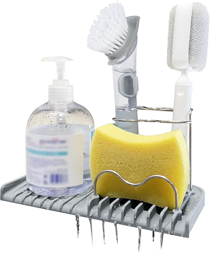 Gosmol Sponge holder for kitchen sink caddy accessories gadgets, dish soap brush holder for sink organizer, soap tray holder drainer rack for bathroom -Gray