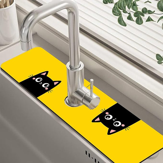 Cute Black Cat Head Kitchen Sink Splash Guard Mat Absorbent Fast Drying Mat Faucet Draining Mat Sink Splash Guard Behind Faucet Drip Catcher for Kitchen Bathroom 5.5"×24"