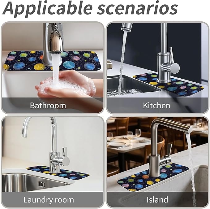 Kitchen Sink Splash Guard，Colorful planets Faucet Mat Sink Gadgets-Super Absorbent Fast Drying Mat Drip Catcher for Kitchen, Bathroom,Sink Mat, Dish Drying Mat, Bathroom(15" X 5.5" )