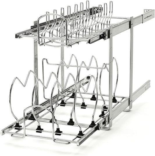 Rev-A-Shelf 2-Tier Kitchen Cabinet Pullout 11.75" Cabinet Organizer for Pots, Pans, and Lid Cookware, Adjustable Heavy Duty Wire, Chrome, 5CW2-1222-CR