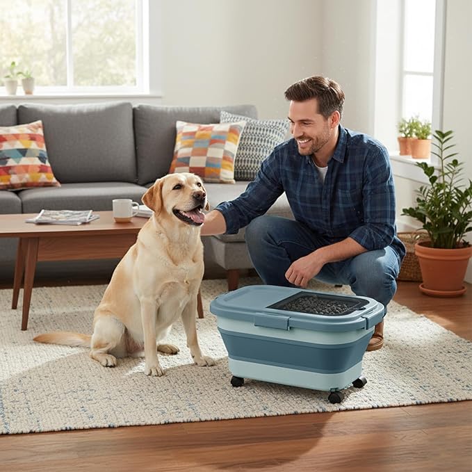15 Lbs Dog/Cat Food Storage Container,Collapsible Food Storage Containers with Rolling Wheel Airtight Locking Lid,Pet Food Storage Container with Cup and Scoop,Blue