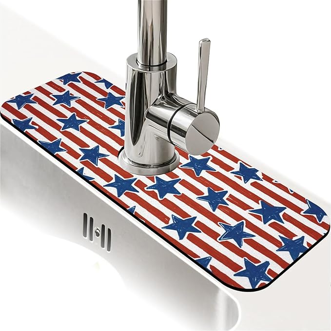 Kitchen Sink Splash Guard，Stripes and stars Faucet Mat Sink Gadgets-Super Absorbent Fast Drying Mat Drip Catcher for Kitchen, Bathroom,Sink Mat, Dish Drying Mat, Bathroom(15" X 5.5" )