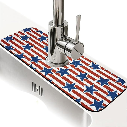 Kitchen Sink Splash Guard，Stripes and stars Faucet Mat Sink Gadgets-Super Absorbent Fast Drying Mat Drip Catcher for Kitchen, Bathroom,Sink Mat, Dish Drying Mat, Bathroom(15" X 5.5" )