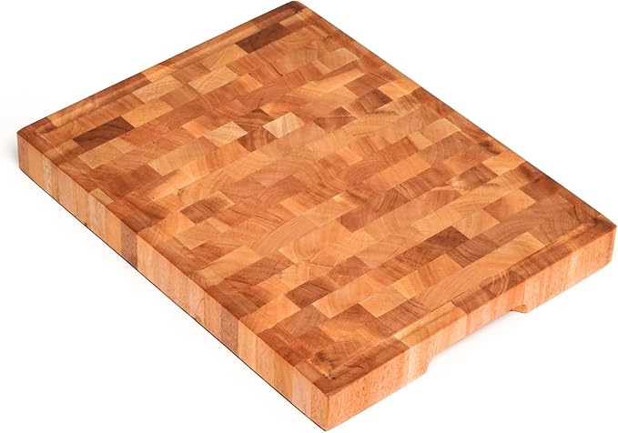 SHUMARU Mahogany End-Grain Wood Cutting Board – 16.5x12.6x1.6" Butcher Block | Handmade in Bali - Silky-Smooth, Juice Groove, Knife‑Friendly, Ergonomic Grips & Non‑Slip Feet