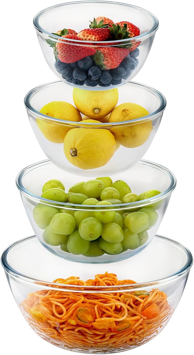 Cuiselect 4pc Glass Mixing Bowls Sets (2.80QT, 1.64QT, 1.16QT, 0.85QT), Nesting Mixing Bowls for Cooking Prep, Baking, Storage, Large Salad Bowls Sets-Dishwasher Microwave Freezer Safe