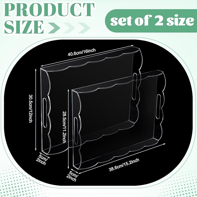 Tiangrid 2 Pack 16 x 12 Acrylic Clear Serving Trays with Handles, Scalloped Acrylic Decorative Tray Organiser for Display Food Ottoman Coffee Tables Kitchen Countertop Bathroom Makeup