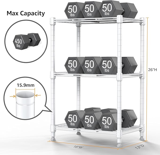 450 lbs Wire Storage Shelving 3-Tier Utility Shelving Unit Steel Organizer Wire Rack for Home,Kitchen,Office,White (11.8" D x 17.7" W x 26.4" H)