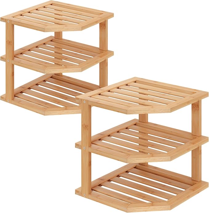 VERTORGAN 3 Tier Bamboo Corner Shelf(2 Pack),Dish Drying Rack,Plate Organizer,Kitchen Spice Rack for Countertop and Cabinet