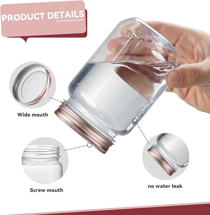 novelinks 16 oz Clear Plastic Jars with Lids, Refillable 16oz Mason Jars with Lids & Storage Containers for Kitchen & Household Use (5 Pack,Rose Gold)