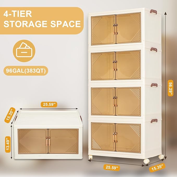 4-Tier Storage Bins with Lids, 97QT Stackable Bins with Wheels, Closet Organizer Storage, Plastic Large Collapsible Storage Containers for Home, Bedroom, Office Organization (4-Tier 97QT)
