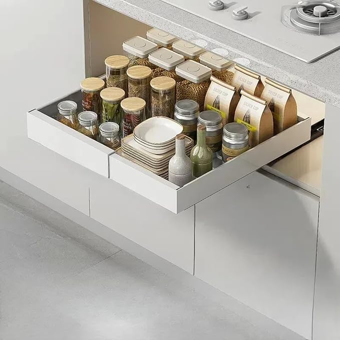 RAKSONIC Non-punch Retractable Cabinet Pull-Out Basket, Perfect for Housewives and Culinary Enthusiasts,Pull-Out Ahelf Kitchen Storage Device for Sinks and Drawers.(White-Small)