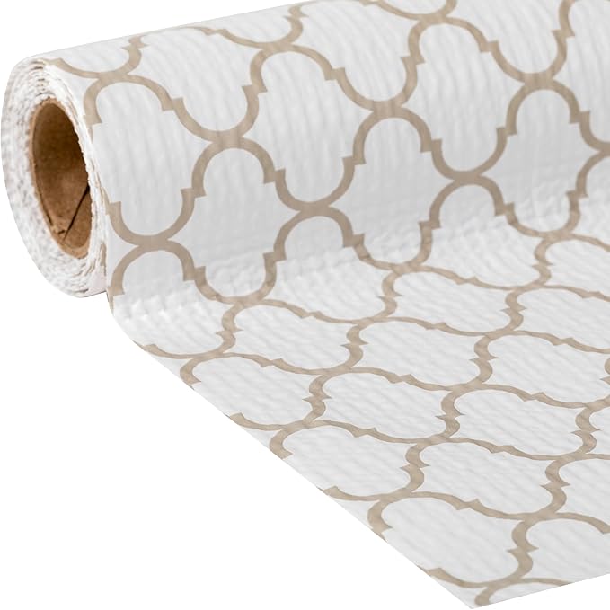 Duck Brand Smooth Top EasyLiner for Cabinets & Drawers - Easy to Install & Cut to Fit - Shelf Paper & Drawer Liner Non-Adhesive - Non Slip Shelf Liner - 20" Width - 36 Total Feet - Taupe Quatrefoil