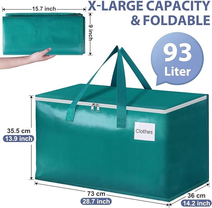StorageRight Moving Bags-Heavy Duty Moving Boxes, Storage Totes with Zipper, Reinforced Handles and Tag Pocket-Collapsible Moving Supplies for moving, Storage and Travel 93L(Green-10 Pack)
