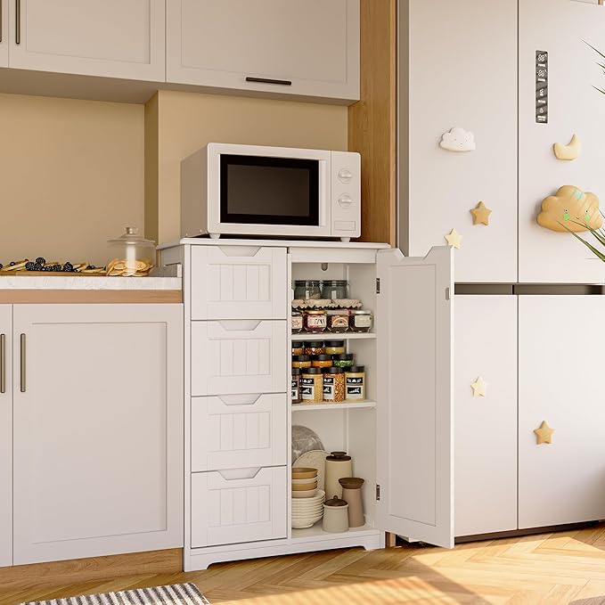 Gizoon Small Pantry with Door and Shelves, 33'' Kitchen Pantry Storage Cabinet Freestanding Wooden Bathroom Storage Cabinet with 4 Drawers for Kitchen and Dining Room, White
