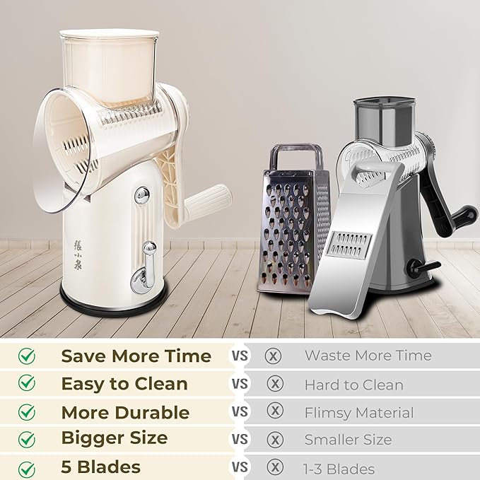 Rotary Cheese Grater Hand Crank with 5-in-1 Interchangeable Blades & Strong Suction Base Vegetables Shredder Manual Slicer for Kitchen, Cream