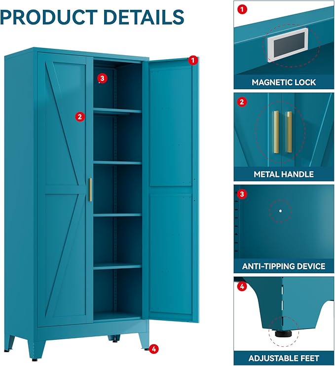 YNIQUESTLE Farmhouse Pantry Cabinet with Barn Doors, 71" H x 31.5" W, 5-Tier Metal Storage Cabinet with 4 Adjustable Shelves for Kitchen Garage Dining Room,Blue