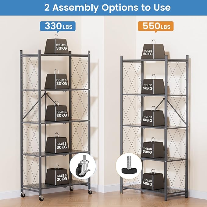ALANNG 70.7" H Metal Storage Shelves, 5 Tier Folding Shelf on Wheels, Heavy Duty, No Assembly, Rolling, Collapsible Rack Unit for Kitchen, Basement, Pantry (Gray,4 Pack)