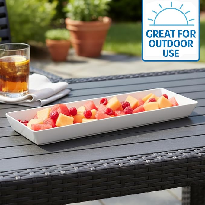 US Acrylic White Plastic Serving Trays (Set of 4) 15” x 5” | Narrow Unbreakable Reusable Rectangular Party Platters | Serve Appetizers, Fruit, Veggies, & Desserts | BPA-Free & Made in USA