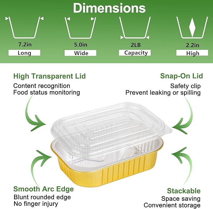 Fothwart 7.2"×5"×2.2" - 40 Pack 2 LB/32oz Gold Aluminum Foil Pans with Lids Heavy Duty, Foil Food Containers with Lids, Tin Foil Pans for Baking, Meal Prep, Freezer, Heating and Takeout