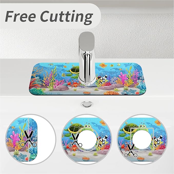 Kitchen Sink Splash Guard，cartoon sea turtle crab fish Faucet Mat Sink Gadgets-Super Absorbent Fast Drying Mat Drip Catcher for Kitchen, Bathroom,Sink Mat, Dish Drying Mat, Bathroom(15" X 5.5" )