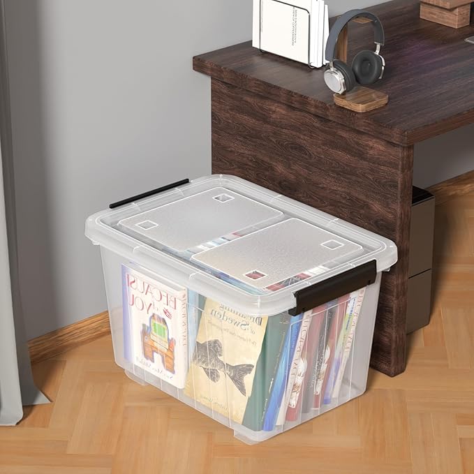 42 L 4 Packs Plastic Storage Box with Latching Lid and Wheels, Clear Storage Container Bins