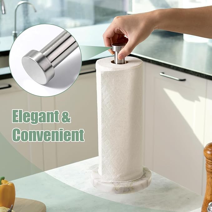 Koville African Marble Paper Towel Holder Countertop, 6" Stone Base Gold Rod Paper Towel Holder Stand for Kitchen Storage, for Standard or Jumbo-Sized Rolls