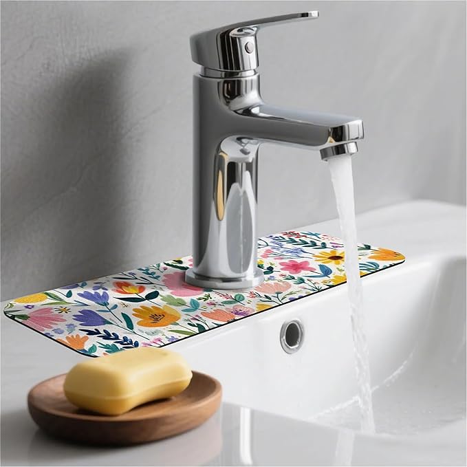 Kitchen Sink Splash Guard，Cute spring floral Faucet Mat Sink Gadgets-Super Absorbent Fast Drying Mat Drip Catcher for Kitchen, Bathroom,Sink Mat, Dish Drying Mat, Bathroom(15" X 5.5" )