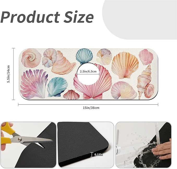Kitchen Sink Splash Guard，watercolor seashells Faucet Mat Sink Gadgets-Super Absorbent Fast Drying Mat Drip Catcher for Kitchen, Bathroom,Sink Mat, Dish Drying Mat, Bathroom(15" X 5.5" )