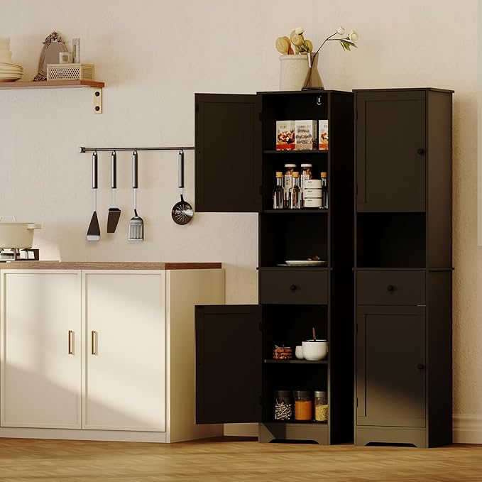 Viaozutis Tall Bathroom Cabinet, Storage Cabinet with 2 Doors & 2Drawer, with Ajustable Shelve, for Bathrooms, Kitchens,Entrances,Bedrooms（Black）
