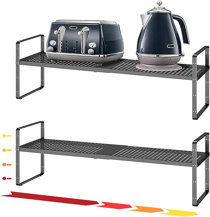 taiheis Hole Pattern Expandable Shelf Organizer,2Pack 8.1" Wide Easy to Assemble Cabinet Organizer Shelf, 16.5~27.1" Adjustable Height&Stackable Spice Organization for Cupboard, Black