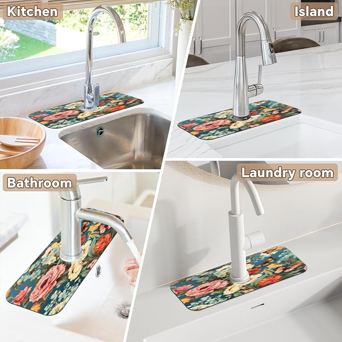 Vivid Flora Butterfly Blend Kitchen Faucet Mat Splash Guard, 15.4”x5.7” Absorbent Quick Drying Sink Mat for Countertop Protection, Draining Mat Sink Protectors For Kitchen Bathroom, 1 Pack