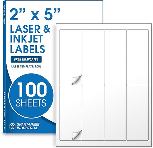 2" X 5" Matte White Printable Labels for Inkjet and Laser Printers - 100 Sheets, 800 Total Custom Stickers for Name Tags, Address Labels, Shipping and Mailing - Spartan Industrial Template R006