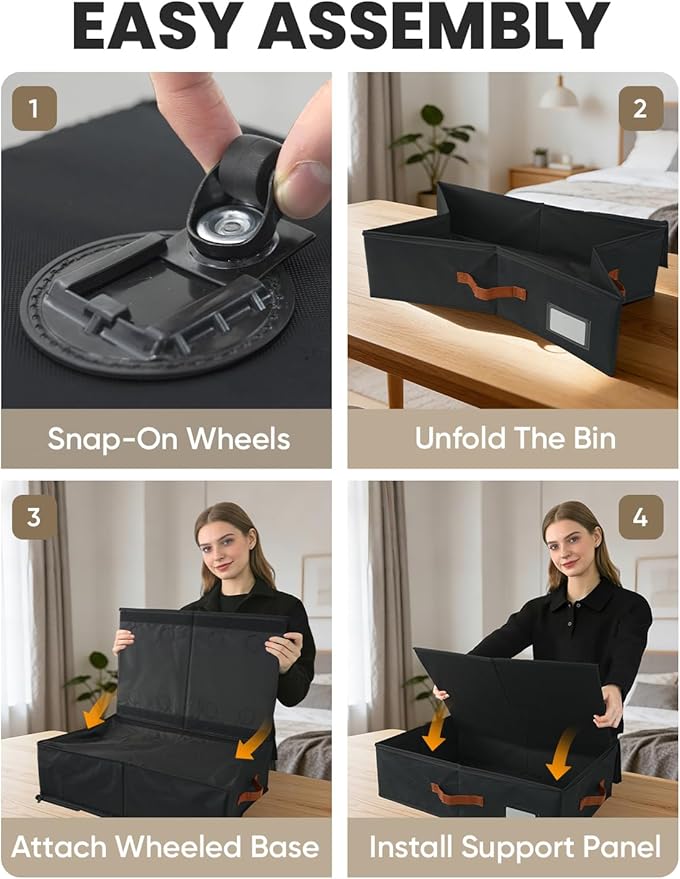 TOSKING Under Bed Storage with Wheels 2 Pack, 4 Vacuum Bags Included, 7.9" Rolling Underbed Bins, Durable Oxford Fabric, 80lbs Heavy Duty Drawer Organizer for Clothes, Shoes, Toys, Black