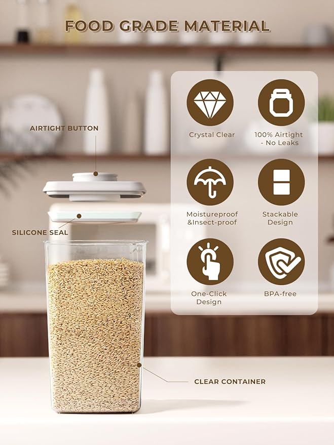 4 Pack Airtight Food Storage Containers with One-Hand Pop Lid, 4.23Qt Rice & Grain Organizer Set with Measuring Scoop, Stackable BPA-Free Kitchen Pantry Bins for Flour, Rice, Cereal, Pet Food