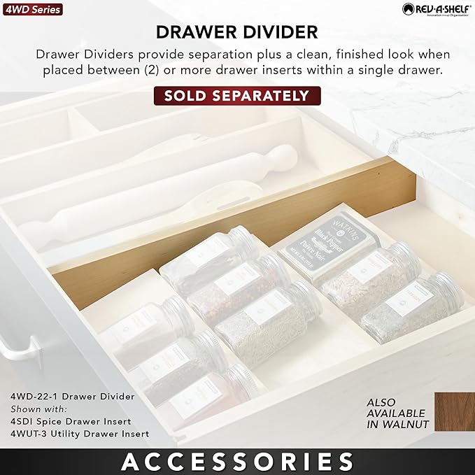 Rev-A-Shelf Trim-to-Fit Shallow Drawer Organizer for Kitchen Utensils, Cutlery Cabinet Storage Divider Insert, 23.98 x 21.97 in, Maple Wood, 4WUT-3SH