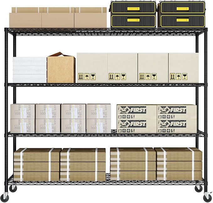 Karl home 4-Tier Metal Storage Shelves, Adjustable Wire Shelving Unit with Wheels & Leveling Feet, Heavy Duty Garage Shelving, Pantry & Kitchen Display Shelf Organizer, Home Storage Rack