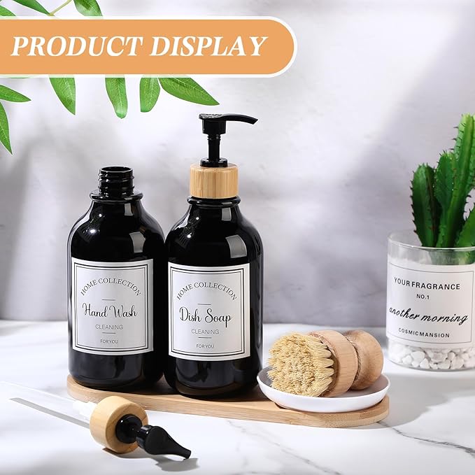 Zopeal 4 Pcs 16 oz Kitchen Soap Dispenser Set with Bamboo Tray and Dish Brush Plastic Soap Dispenser Set with Waterproof Labels for Hand Dish Lotion(Black)