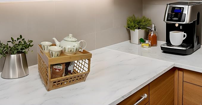 Bamboo Storage Bin - Multipurpose, Stackable Open Front Storage Bin with Bamboo Serving Tray Lid for Kitchen & Pantry - Stylish Lattice Design
