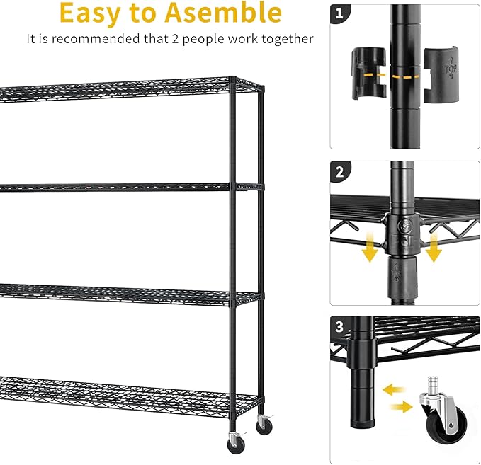 Karl home 4-Tier Metal Storage Shelves, Adjustable Wire Shelving Unit with Wheels & Leveling Feet, Heavy Duty Garage Shelving, Pantry & Kitchen Display Shelf Organizer, Home Storage Rack