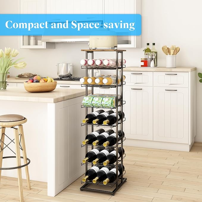 GILLAS 3 5 6 7 8 Tier Water Bottle Storage with Wooden Tabletop,Metal Beverage Can Rack,Large Capacity Bottled Rack Water Bottle Holder Stand for Cabinet,Countertop Kitchen,Party,Black