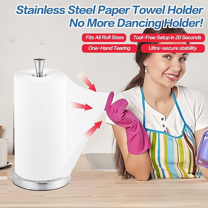 Stainless Steel Paper Towel Holder – Heavy-Duty Base & Suction Cup, Non-Slip for Countertops, One-Hand Tear Design, Fits All Roll Sizes