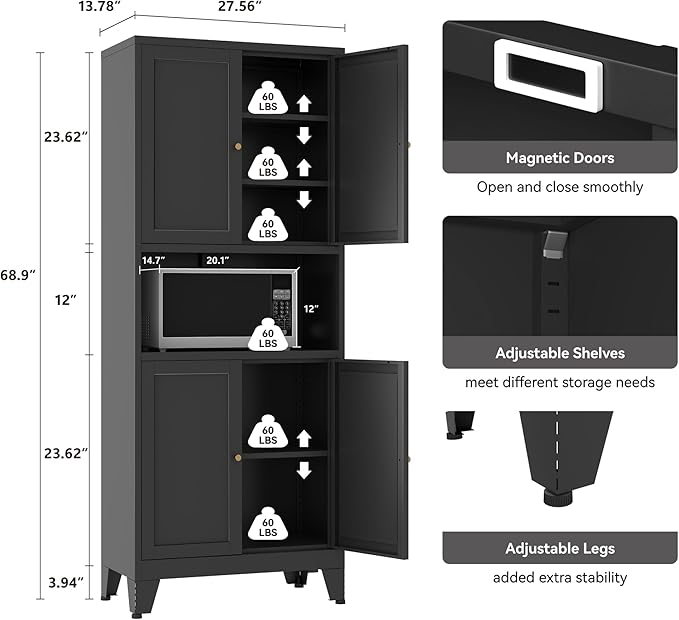 YAUWOH Metal Pantry Storage Cabinet, 69" Tall Storoge Cabinet with 4 Doors & 3 Adjustable Shelves, Microwave Stand with Storage for Kitchen, Dining Room, Living Room (1PC,Black)