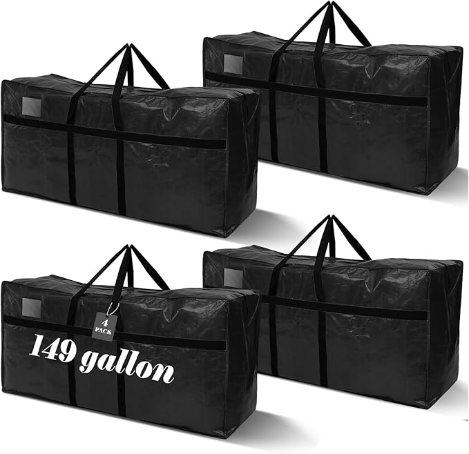 4 Pcs 149 Gallon Extra Large Moving Bags Heavy Duty Storage Bag with Strong Zipper Handle Foldable XXL Jumbo Storage Tote Packing Moving Box for College Dorm Travel Cloth Duffle (Black)