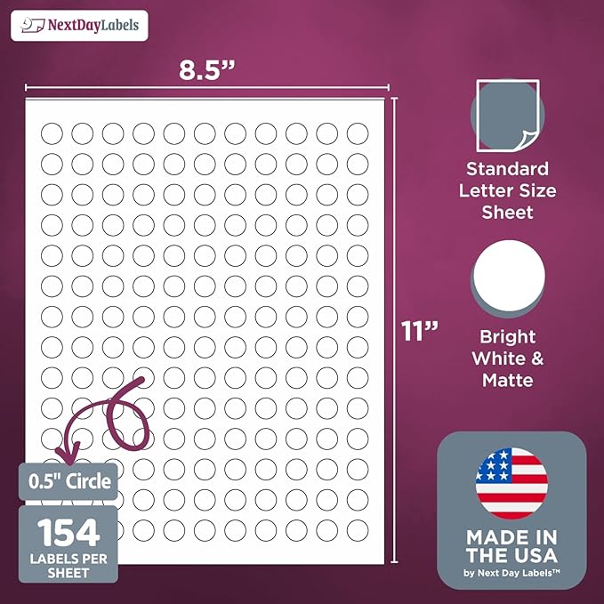 NextDayLabels 0.5 Inch Round Circle Stickers White Blank Labels for Laser Inkjet Printer - 154 Per Sheet Self-Adhesive Color Coding Made in USA - 7,700 Labels